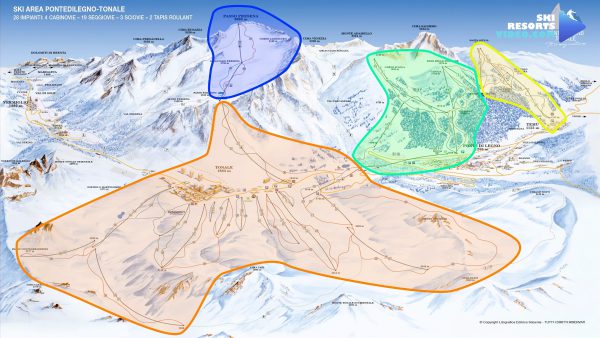 Tonale pass (orange), Presena glacier (blue), Pontedilegno (green), Temu (yellow)